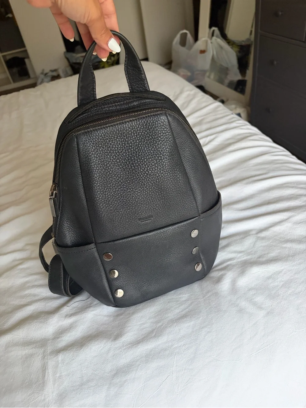 Hammitt Black Leather Medium Backpack with Gunmetal Accents